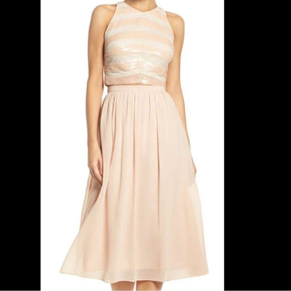 NEW Ali & Jay Chevron  Sequin Two Piece Cream Party Bridsmaid  Maxi Dress Sz L